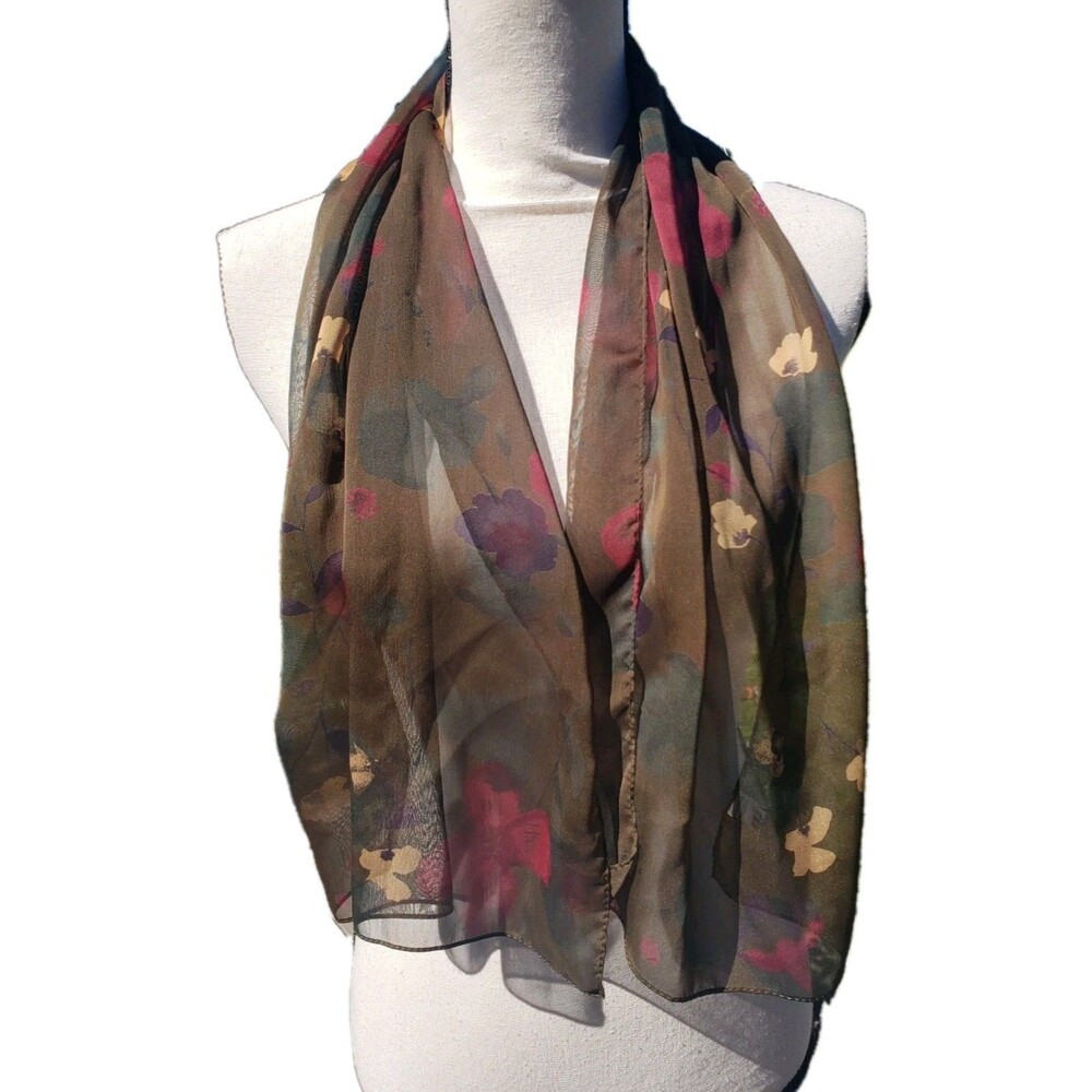 Women's Scarf Olive Green Floral Rectangular Lightweight Sheer 43x13" Red Yellow